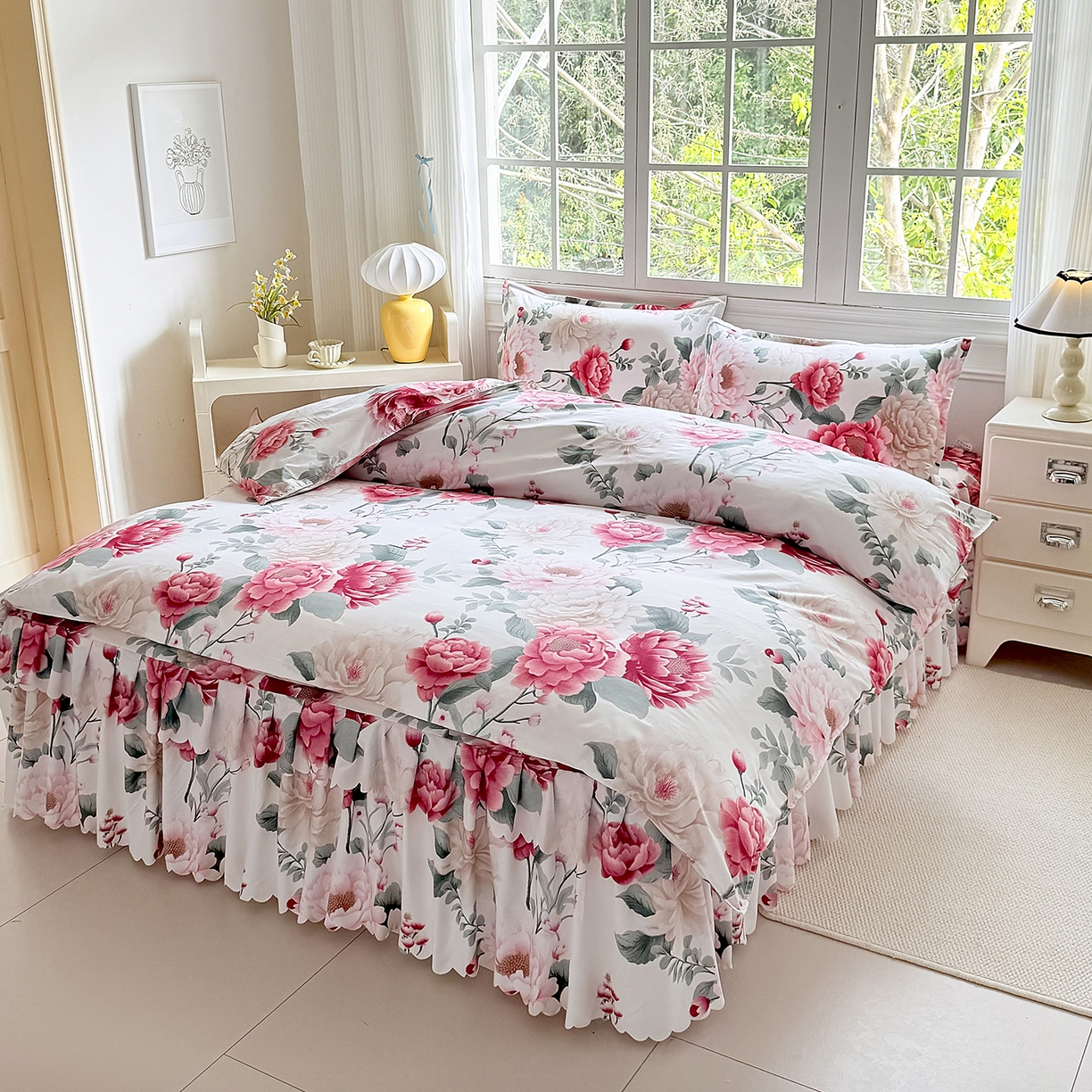 91家纺网 家纺一手货源 找家纺 亿佳人 2026新款芦荟棉单床裙床裙单件芦荟棉床裙单件 花开富贵