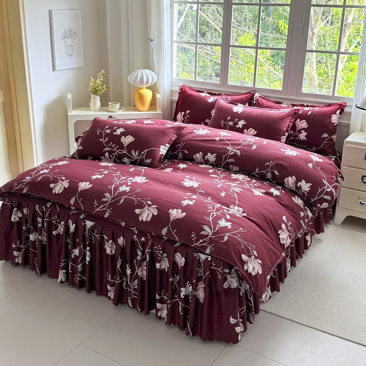 91家纺网 家纺一手货源 找家纺 亿佳人 2026新款芦荟棉单床裙床裙单件芦荟棉床裙单件 酒红玉枝