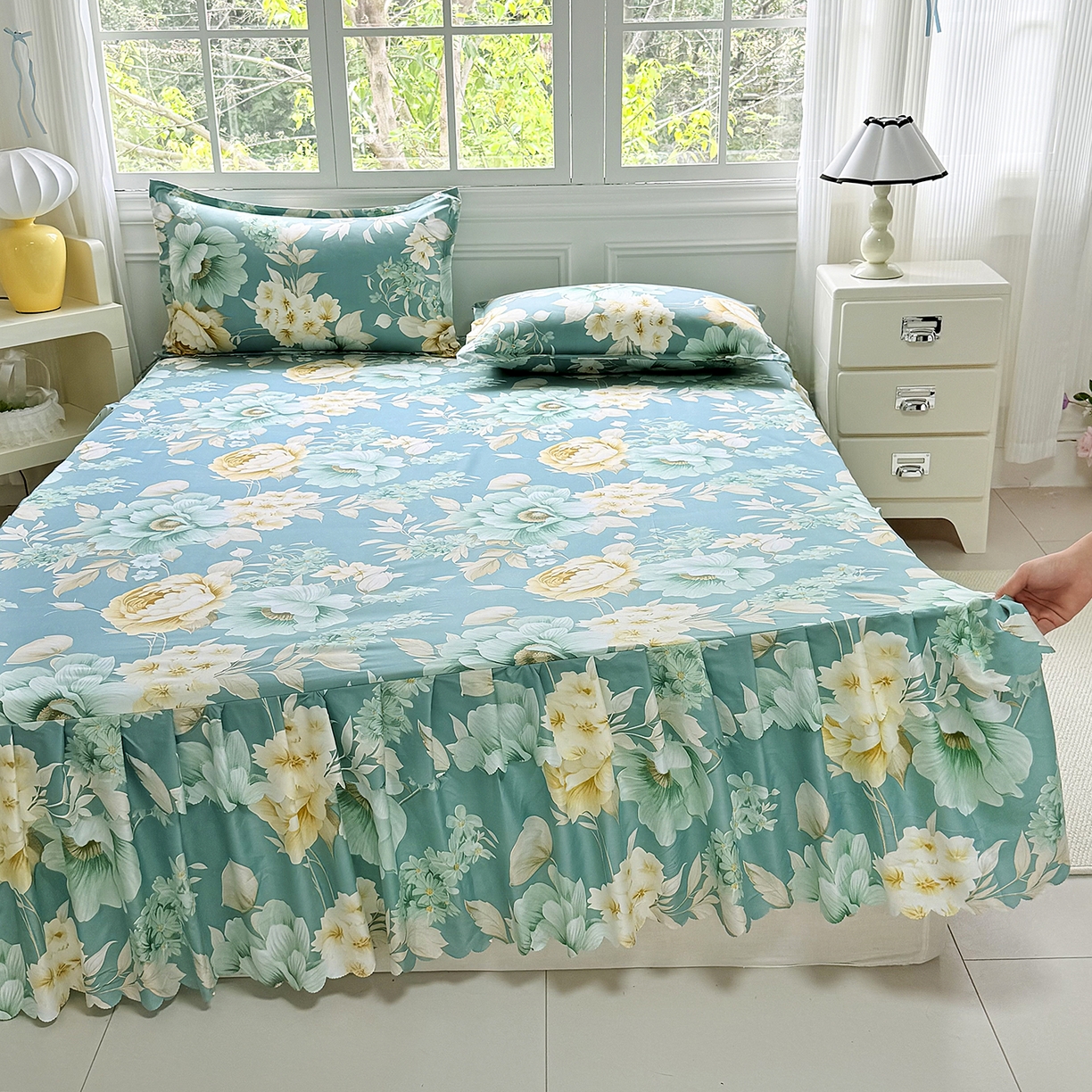 91家纺网 家纺一手货源 找家纺 亿佳人 2026新款芦荟棉单床裙床裙单件芦荟棉床裙单件 乐开花