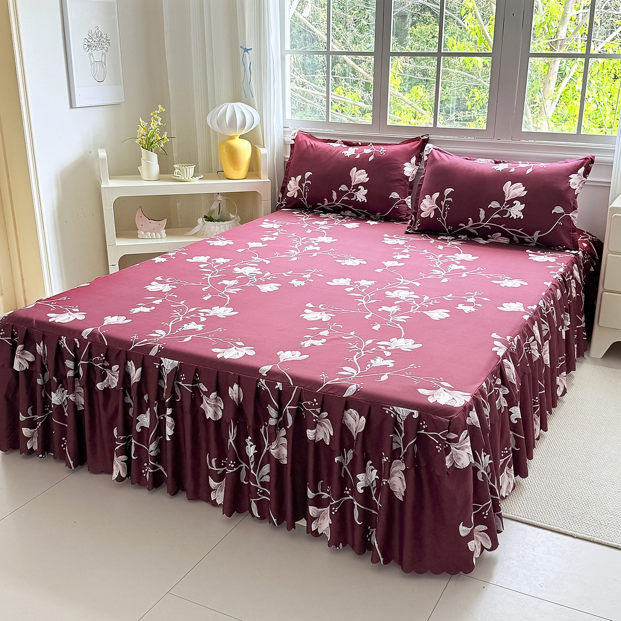 91家纺网 家纺一手货源 找家纺 亿佳人 2026新款芦荟棉单床裙床裙单件芦荟棉床裙单件 酒红玉枝