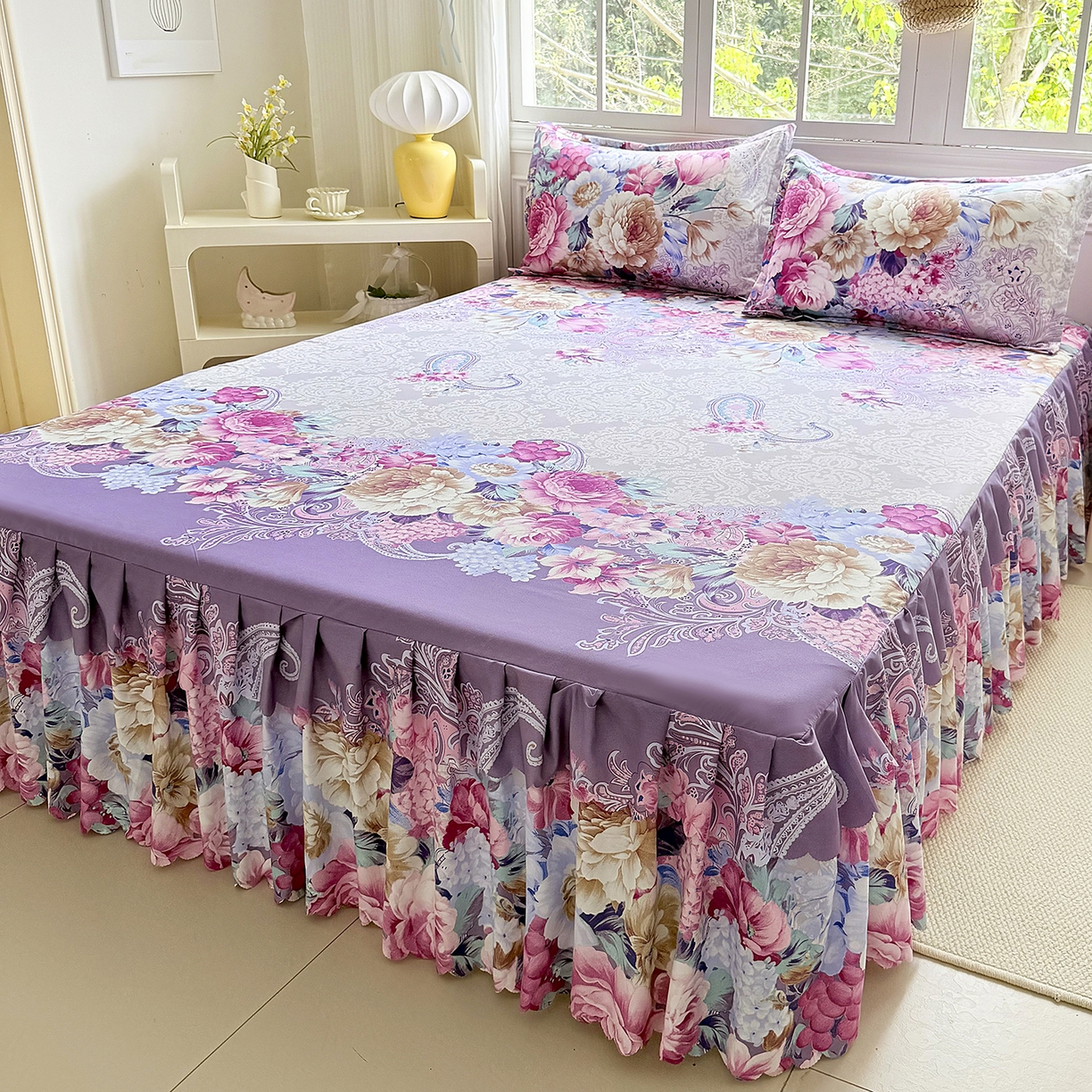 91家纺网 家纺一手货源 找家纺 亿佳人 2026新款芦荟棉单床裙床裙单件芦荟棉床裙单件 紫梦