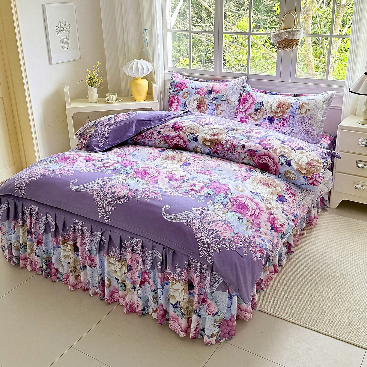 91家纺网 家纺一手货源 找家纺 亿佳人 2026新款芦荟棉单床裙床裙单件芦荟棉床裙单件 紫梦