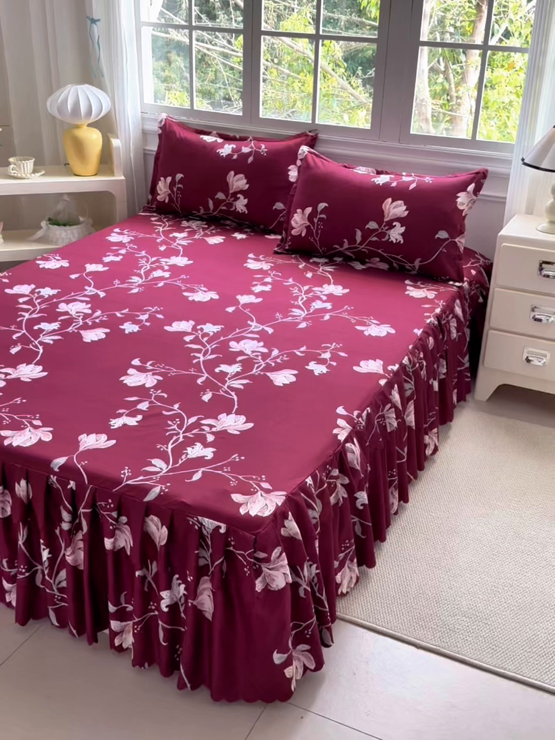 91家纺网 家纺一手货源 找家纺 亿佳人 2026新款芦荟棉单床裙床裙单件芦荟棉床裙单件 酒红玉枝