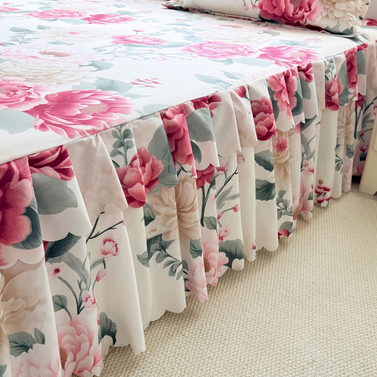 91家纺网 家纺一手货源 找家纺 亿佳人 2026新款芦荟棉单床裙床裙单件芦荟棉床裙三件套 花开富贵