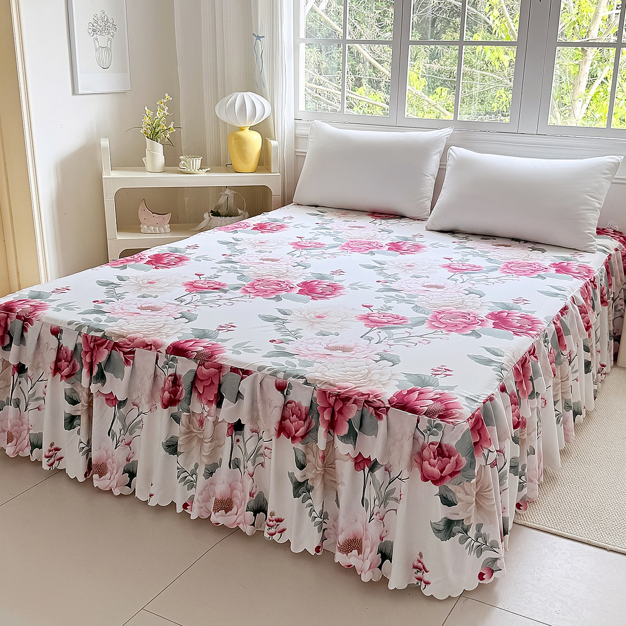 91家纺网 家纺一手货源 找家纺 亿佳人 2026新款芦荟棉单床裙床裙单件芦荟棉床裙三件套 花开富贵