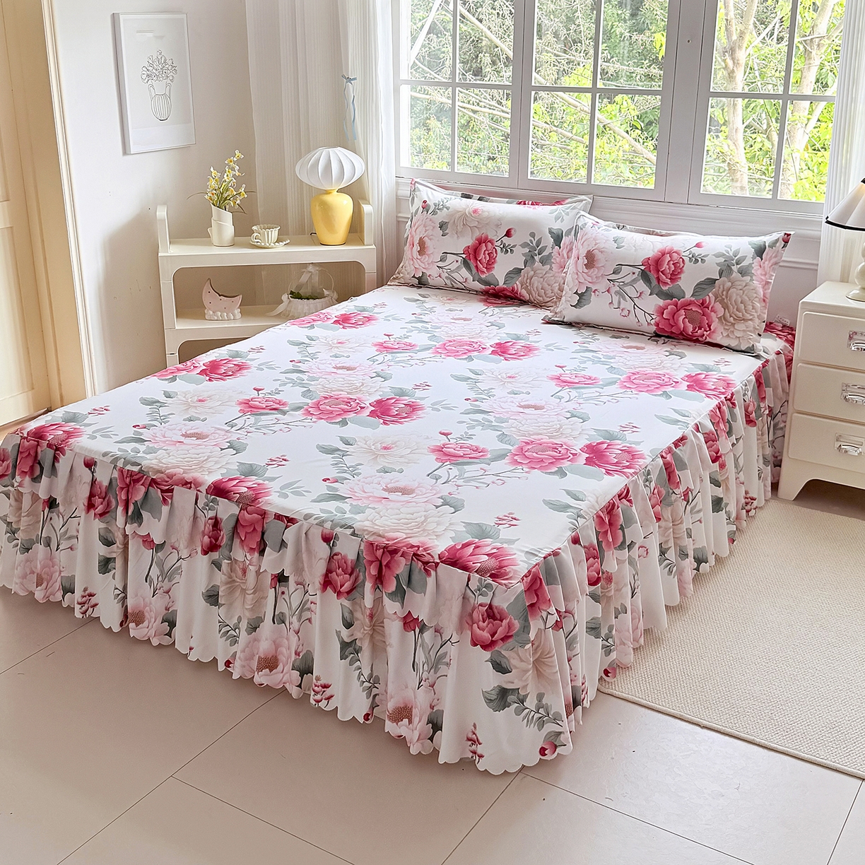 91家纺网 家纺一手货源 找家纺 亿佳人 2026新款芦荟棉单床裙床裙单件芦荟棉床裙三件套 花开富贵