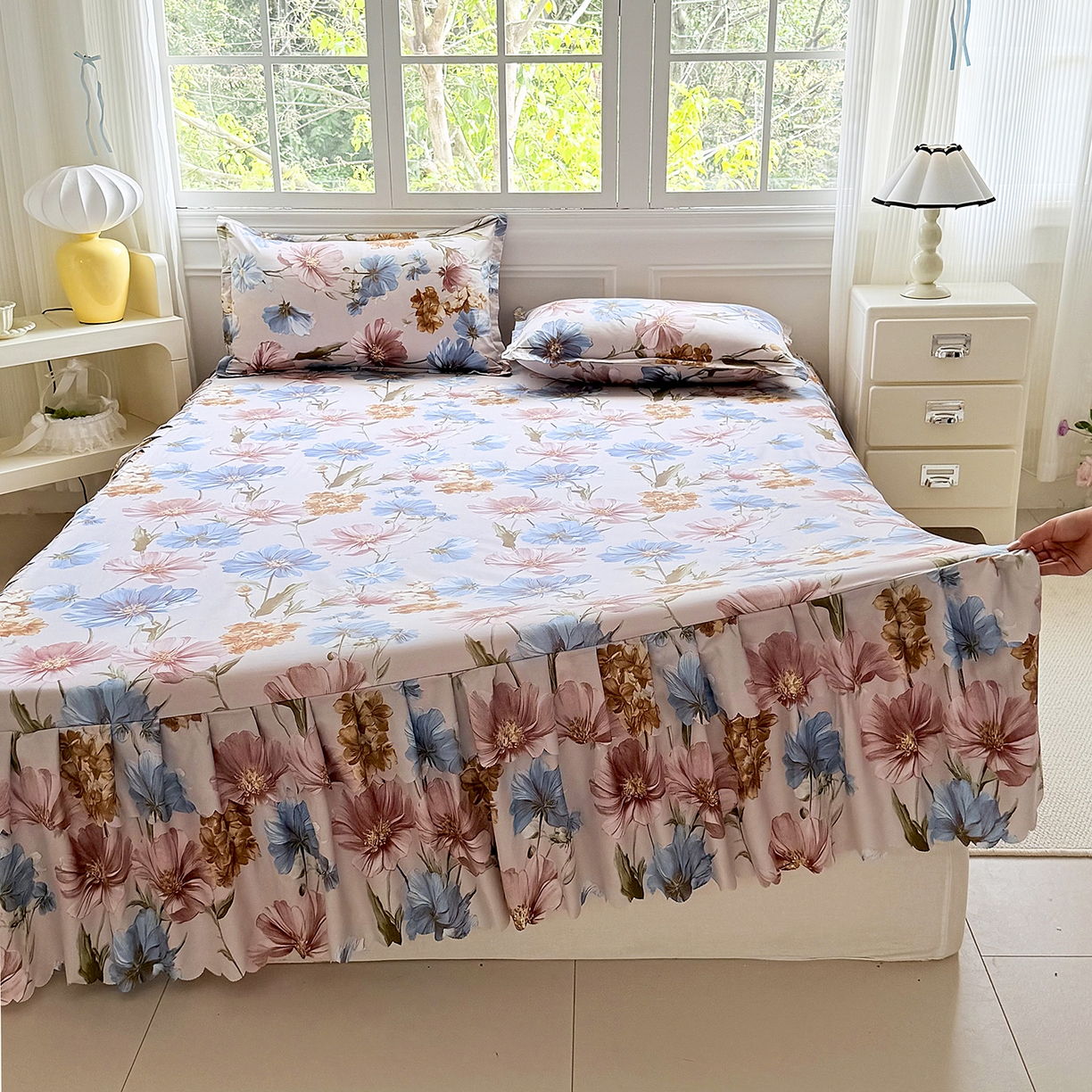 91家纺网 家纺一手货源 找家纺 亿佳人 2026新款芦荟棉单床裙床裙单件芦荟棉床裙三件套 花颜悦色