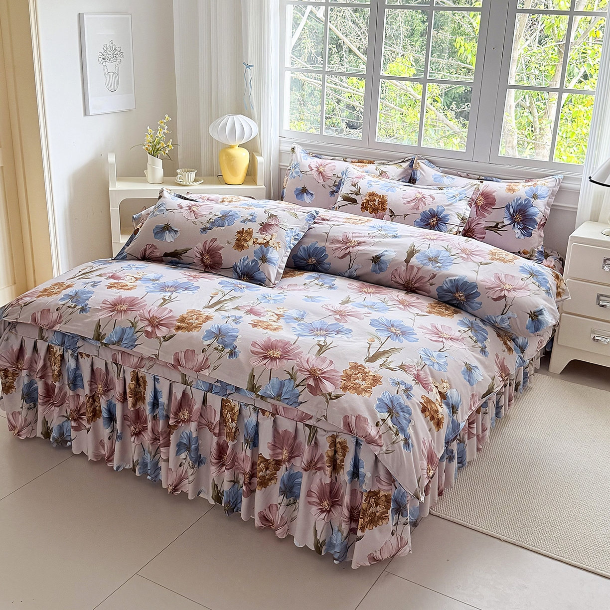 91家纺网 家纺一手货源 找家纺 亿佳人 2026新款芦荟棉单床裙床裙单件芦荟棉床裙三件套 花颜悦色