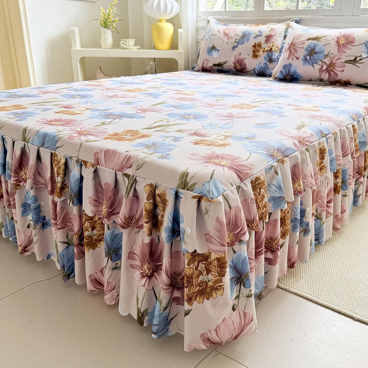 91家纺网 家纺一手货源 找家纺 亿佳人 2026新款芦荟棉单床裙床裙单件芦荟棉床裙三件套 花颜悦色