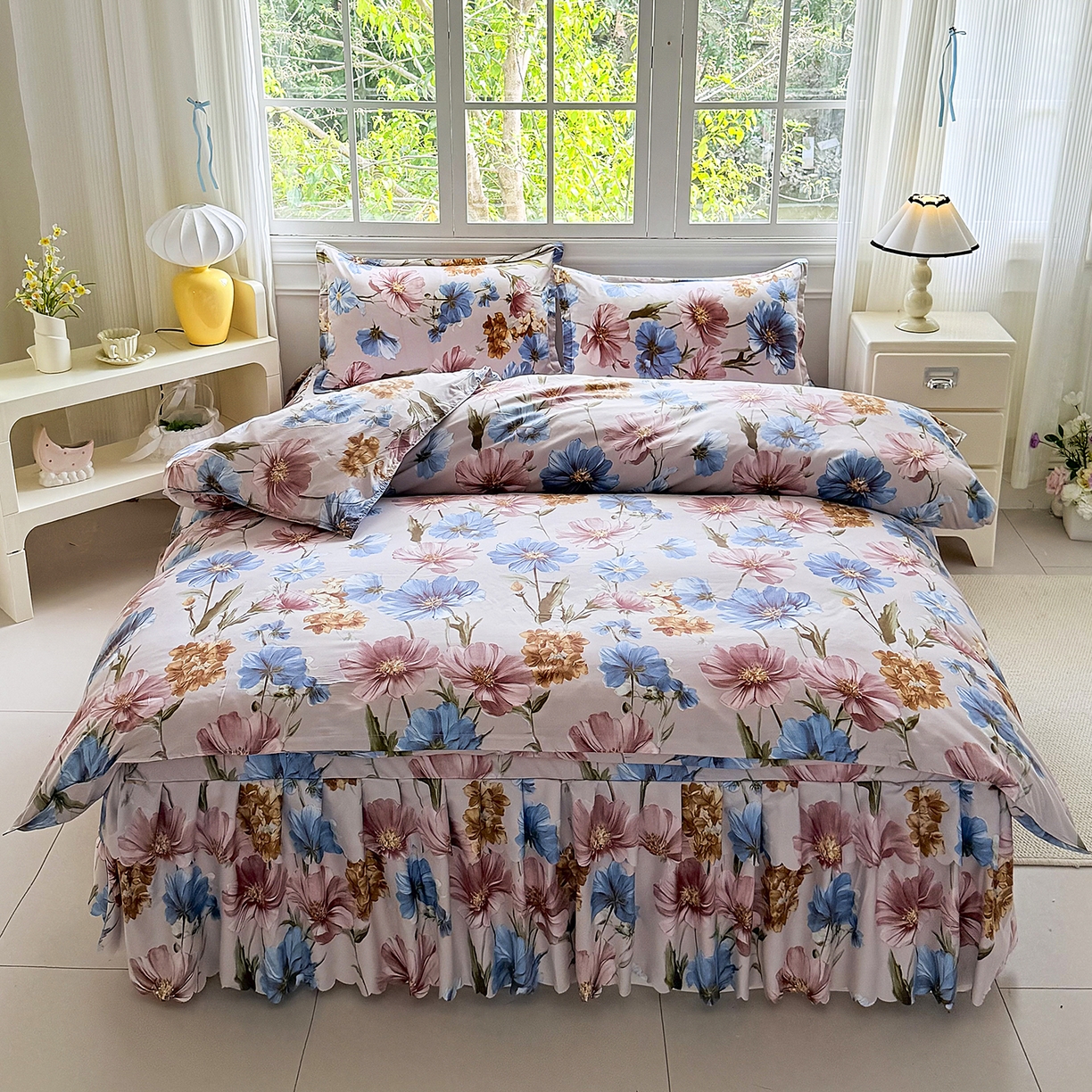 91家纺网 家纺一手货源 找家纺 亿佳人 2026新款芦荟棉单床裙床裙单件芦荟棉床裙三件套 花颜悦色