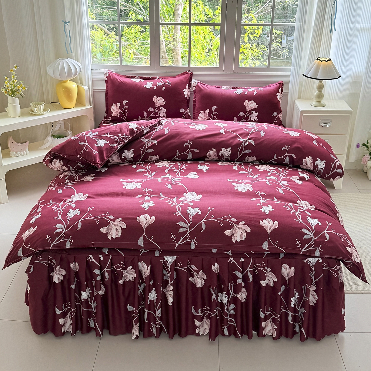 91家纺网 家纺一手货源 找家纺 亿佳人 2026新款芦荟棉单床裙床裙单件芦荟棉床裙三件套 酒红玉枝