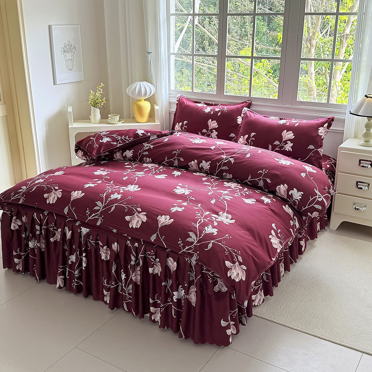 91家纺网 家纺一手货源 找家纺 亿佳人 2026新款芦荟棉单床裙床裙单件芦荟棉床裙三件套 酒红玉枝