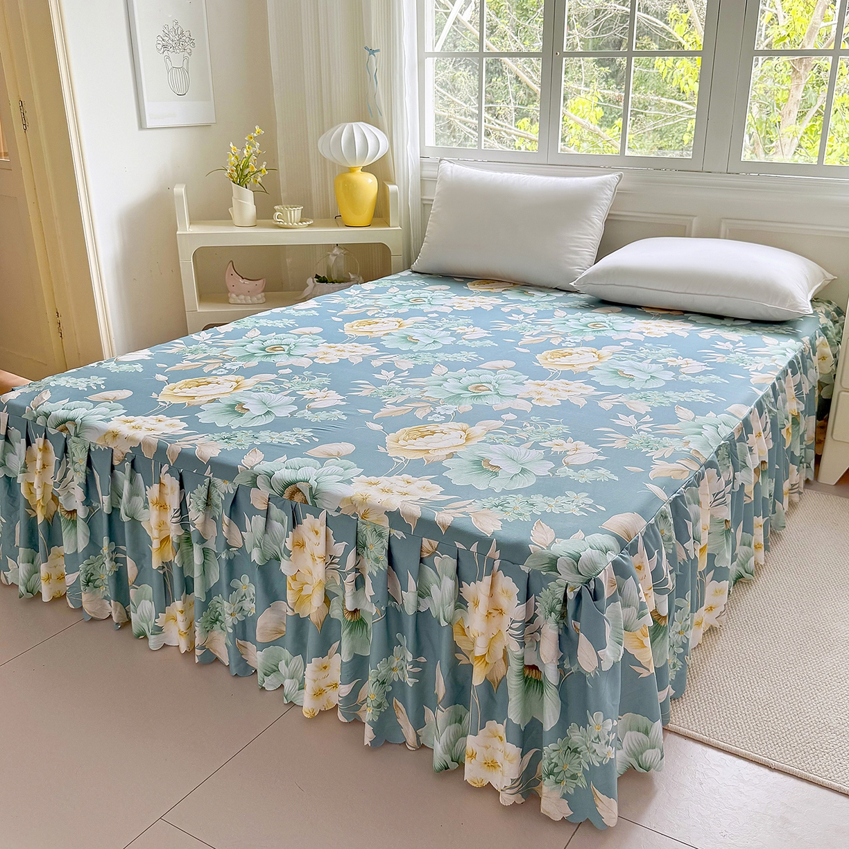 91家纺网 家纺一手货源 找家纺 亿佳人 2026新款芦荟棉单床裙床裙单件芦荟棉床裙三件套 乐开花