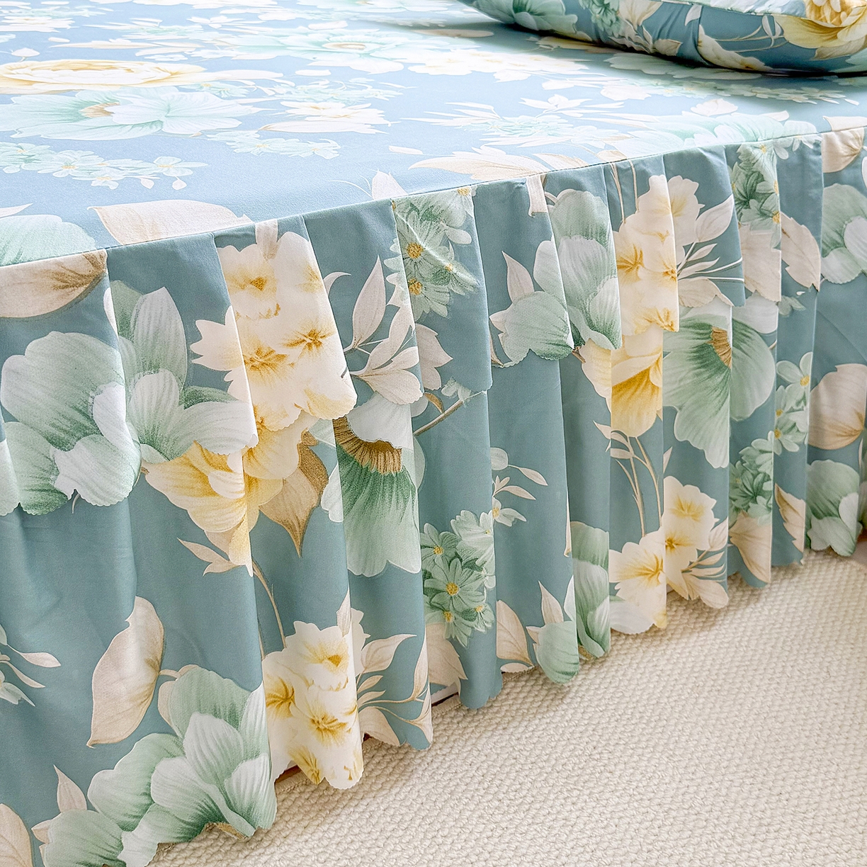 91家纺网 家纺一手货源 找家纺 亿佳人 2026新款芦荟棉单床裙床裙单件芦荟棉床裙三件套 乐开花