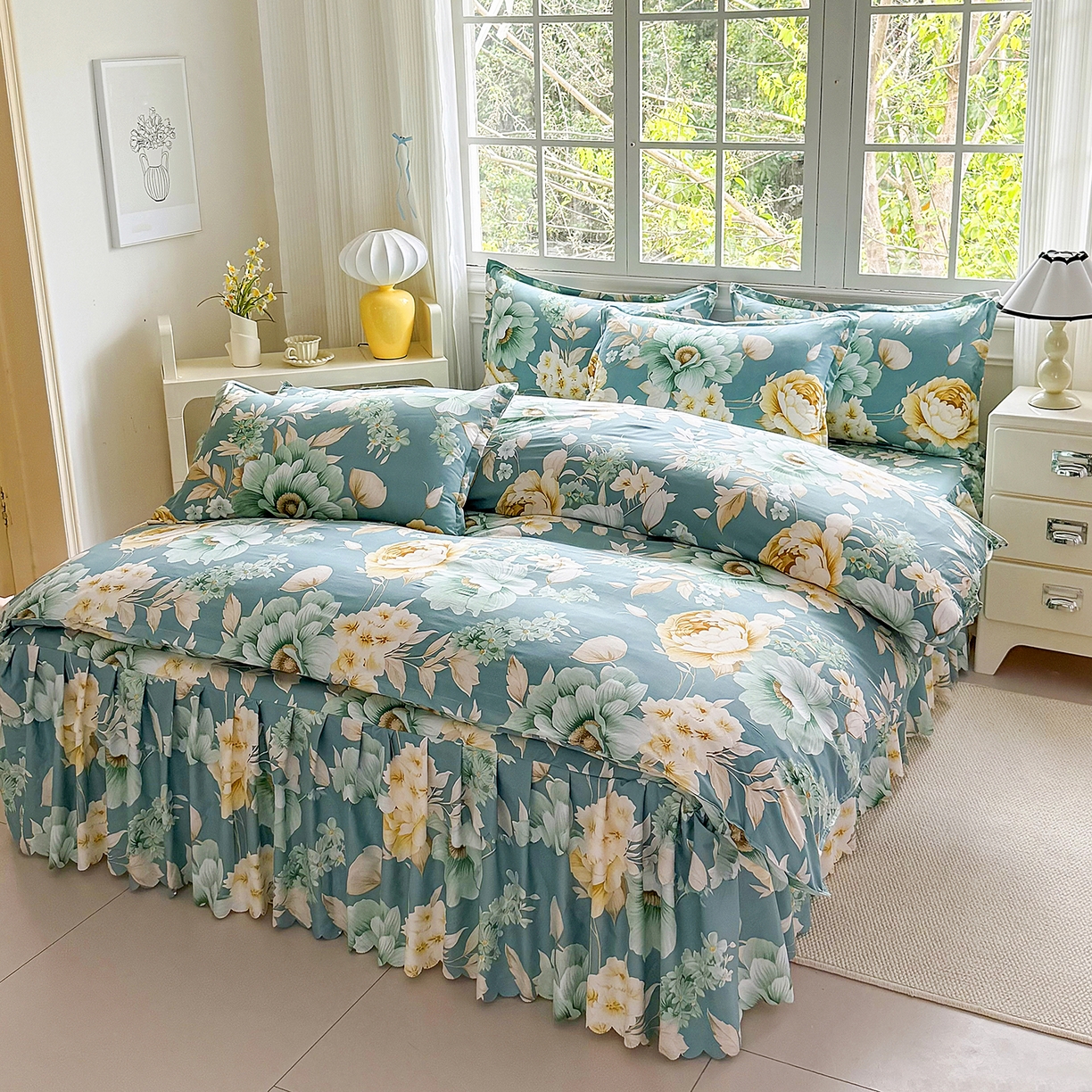 91家纺网 家纺一手货源 找家纺 亿佳人 2026新款芦荟棉单床裙床裙单件芦荟棉床裙三件套 乐开花