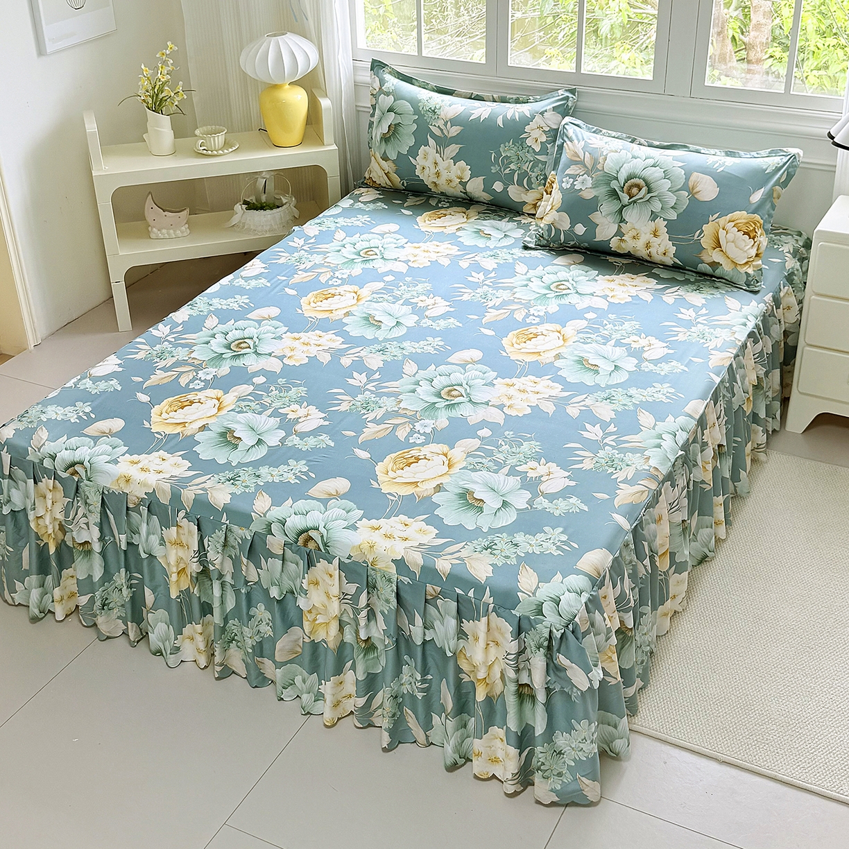 91家纺网 家纺一手货源 找家纺 亿佳人 2026新款芦荟棉单床裙床裙单件芦荟棉床裙三件套 乐开花