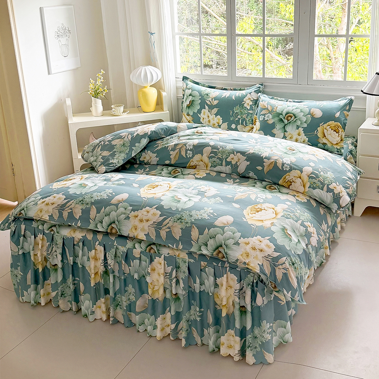 91家纺网 家纺一手货源 找家纺 亿佳人 2026新款芦荟棉单床裙床裙单件芦荟棉床裙三件套 乐开花