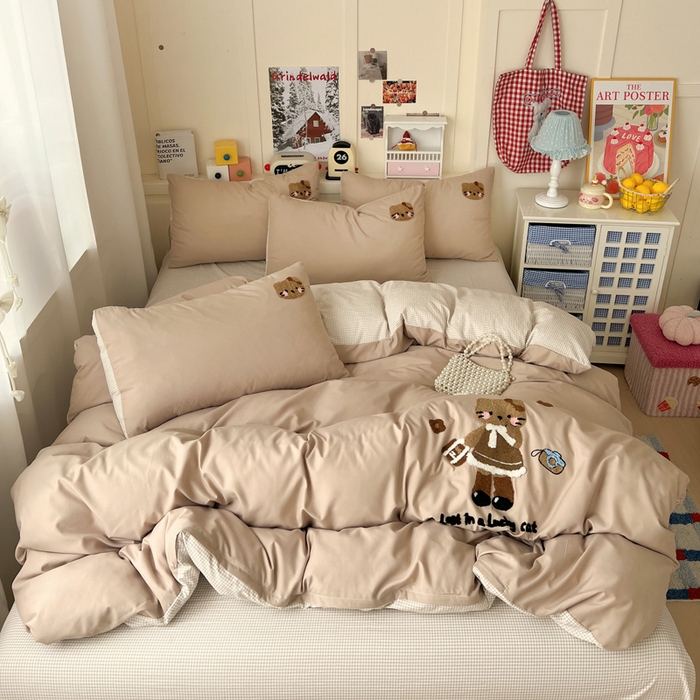 鑫佳居 2026新款古法水洗云感棉毛巾绣四件套 奶茶KT猫