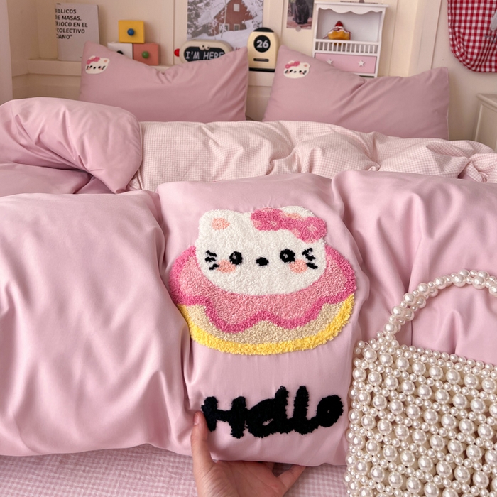 91家纺网 家纺一手货源 找家纺 鑫佳居 2026新款古法水洗云感棉毛巾绣四件套 甜甜圈KT