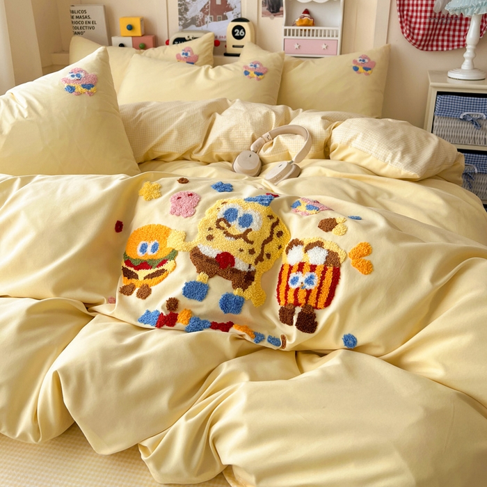 91家纺网 家纺一手货源 找家纺 鑫佳居 2026新款古法水洗云感棉毛巾绣四件套 奶黄派大星