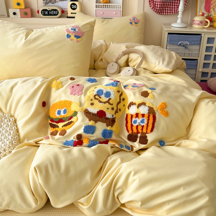 91家纺网 家纺一手货源 找家纺 鑫佳居 2026新款古法水洗云感棉毛巾绣四件套 奶黄派大星