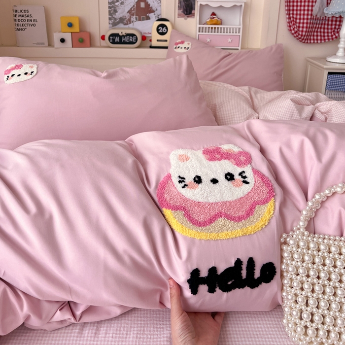 91家纺网 家纺一手货源 找家纺 鑫佳居 2026新款古法水洗云感棉毛巾绣四件套 甜甜圈KT