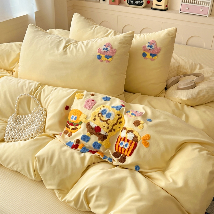 91家纺网 家纺一手货源 找家纺 鑫佳居 2026新款古法水洗云感棉毛巾绣四件套 奶黄派大星