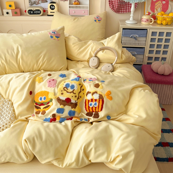 91家纺网 家纺一手货源 找家纺 鑫佳居 2026新款古法水洗云感棉毛巾绣四件套 奶黄派大星