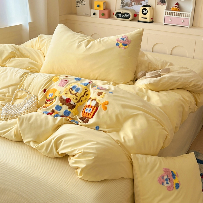 91家纺网 家纺一手货源 找家纺 鑫佳居 2026新款古法水洗云感棉毛巾绣四件套 奶黄派大星