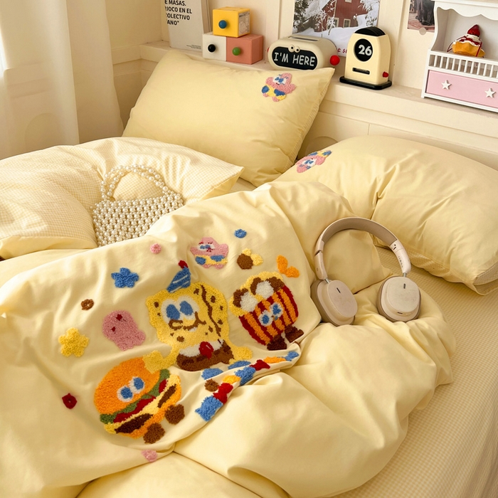 91家纺网 家纺一手货源 找家纺 鑫佳居 2026新款古法水洗云感棉毛巾绣四件套 奶黄派大星