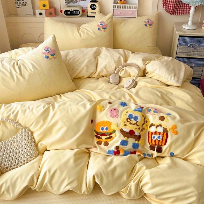 91家纺网 家纺一手货源 找家纺 鑫佳居 2026新款古法水洗云感棉毛巾绣四件套 奶黄派大星