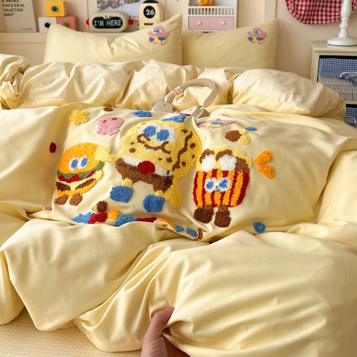 91家纺网 家纺一手货源 找家纺 鑫佳居 2026新款古法水洗云感棉毛巾绣四件套 奶黄派大星