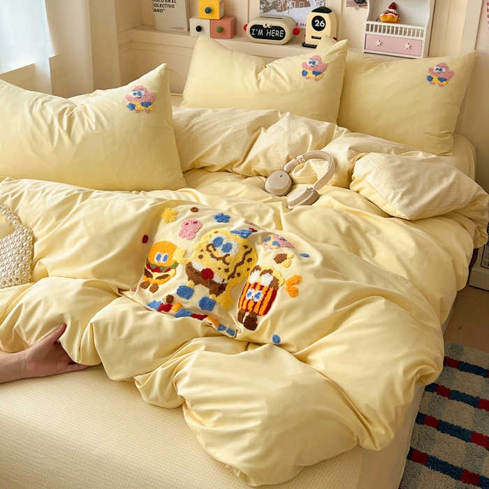 91家纺网 家纺一手货源 找家纺 鑫佳居 2026新款古法水洗云感棉毛巾绣四件套 奶黄派大星