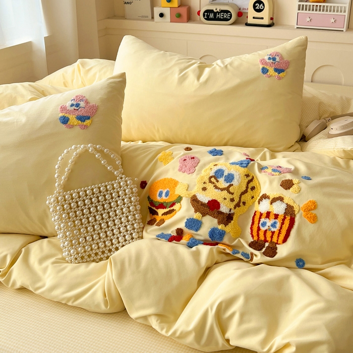 91家纺网 家纺一手货源 找家纺 鑫佳居 2026新款古法水洗云感棉毛巾绣四件套 奶黄派大星