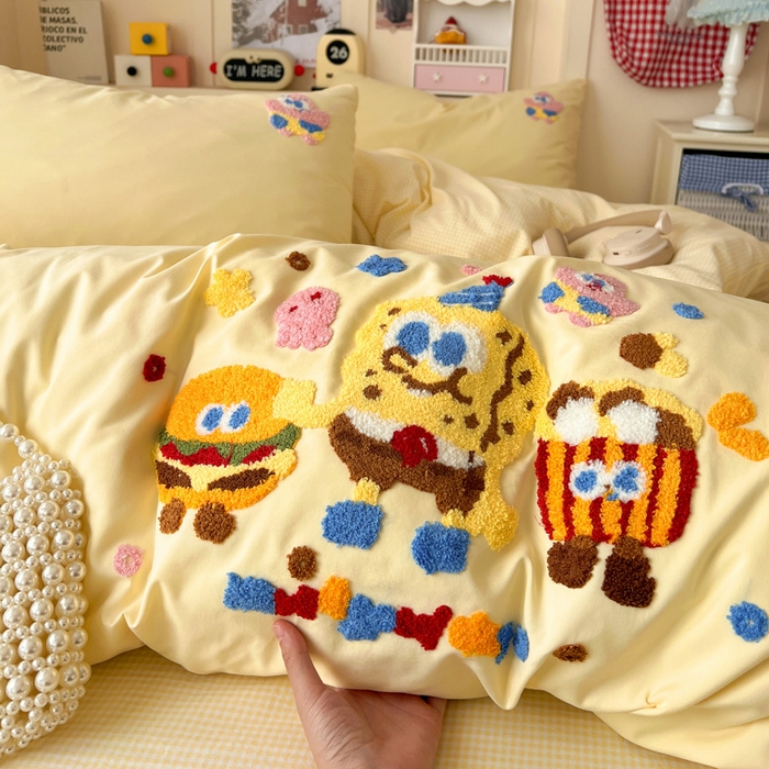 91家纺网 家纺一手货源 找家纺 鑫佳居 2026新款古法水洗云感棉毛巾绣四件套 奶黄派大星