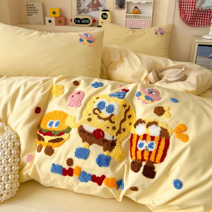 91家纺网 家纺一手货源 找家纺 鑫佳居 2026新款古法水洗云感棉毛巾绣四件套 奶黄派大星