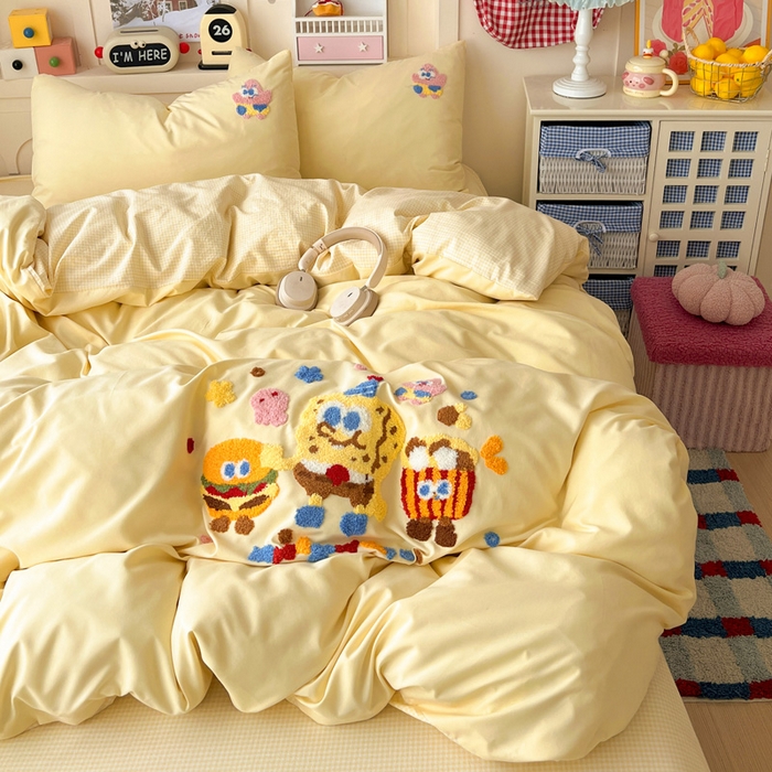 91家纺网 家纺一手货源 找家纺 鑫佳居 2026新款古法水洗云感棉毛巾绣四件套 奶黄派大星