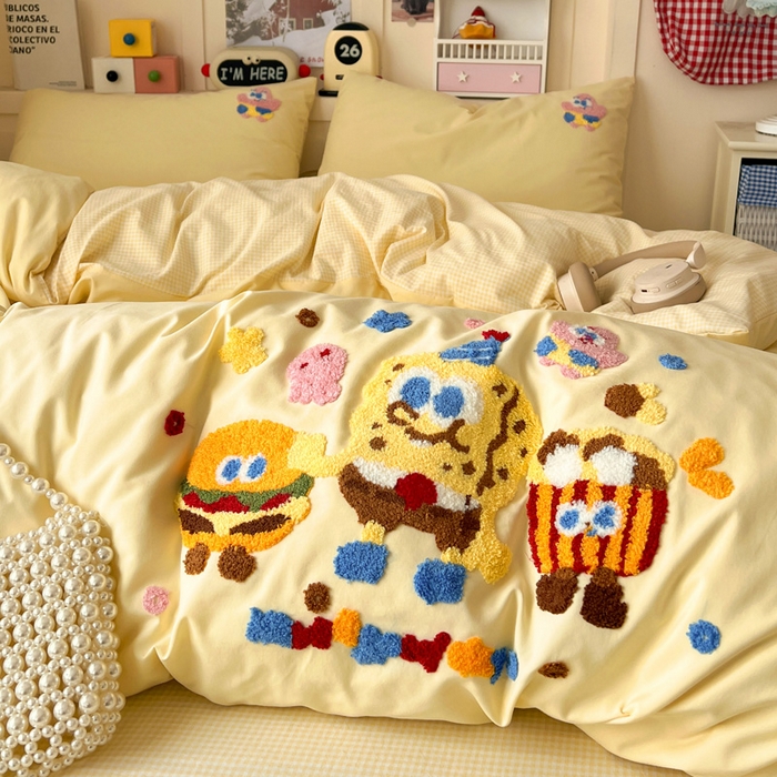 91家纺网 家纺一手货源 找家纺 鑫佳居 2026新款古法水洗云感棉毛巾绣四件套 奶黄派大星