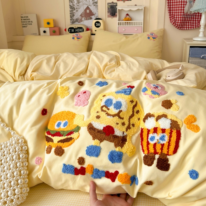 91家纺网 家纺一手货源 找家纺 鑫佳居 2026新款古法水洗云感棉毛巾绣四件套 奶黄派大星