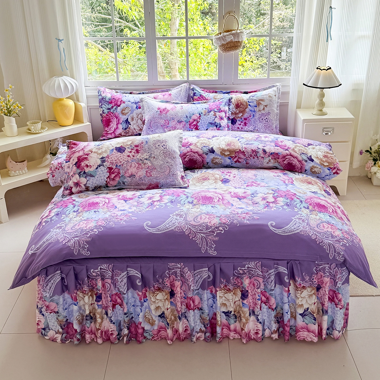 91家纺网 家纺一手货源 找家纺 亿佳人 2026新款芦荟棉单床裙床裙单件芦荟棉床裙三件套 紫梦