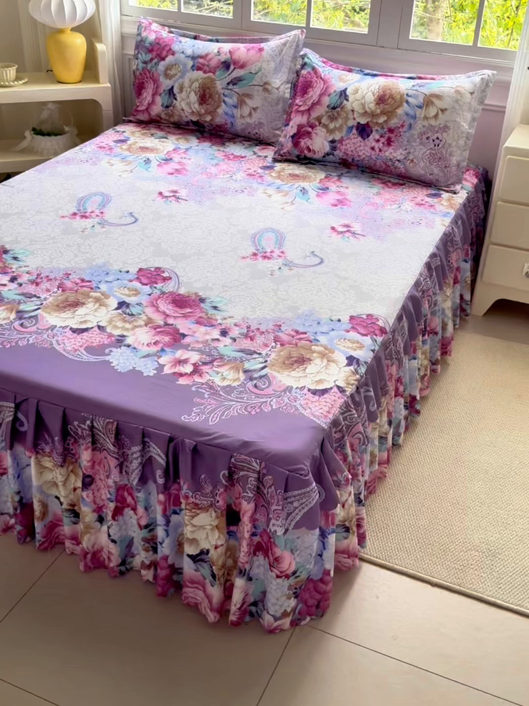 91家纺网 家纺一手货源 找家纺 亿佳人 2026新款芦荟棉单床裙床裙单件芦荟棉床裙三件套 紫梦