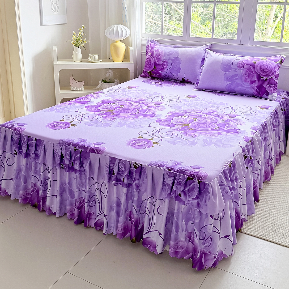 91家纺网 家纺一手货源 找家纺 亿佳人 2026新款芦荟棉单床裙床裙单件芦荟棉床裙三件套 紫气东来