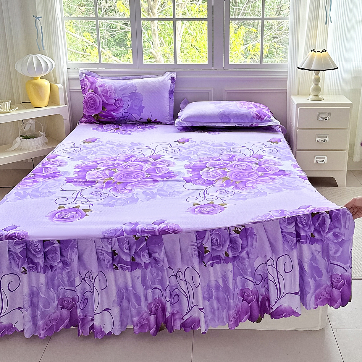 91家纺网 家纺一手货源 找家纺 亿佳人 2026新款芦荟棉单床裙床裙单件芦荟棉床裙三件套 紫气东来