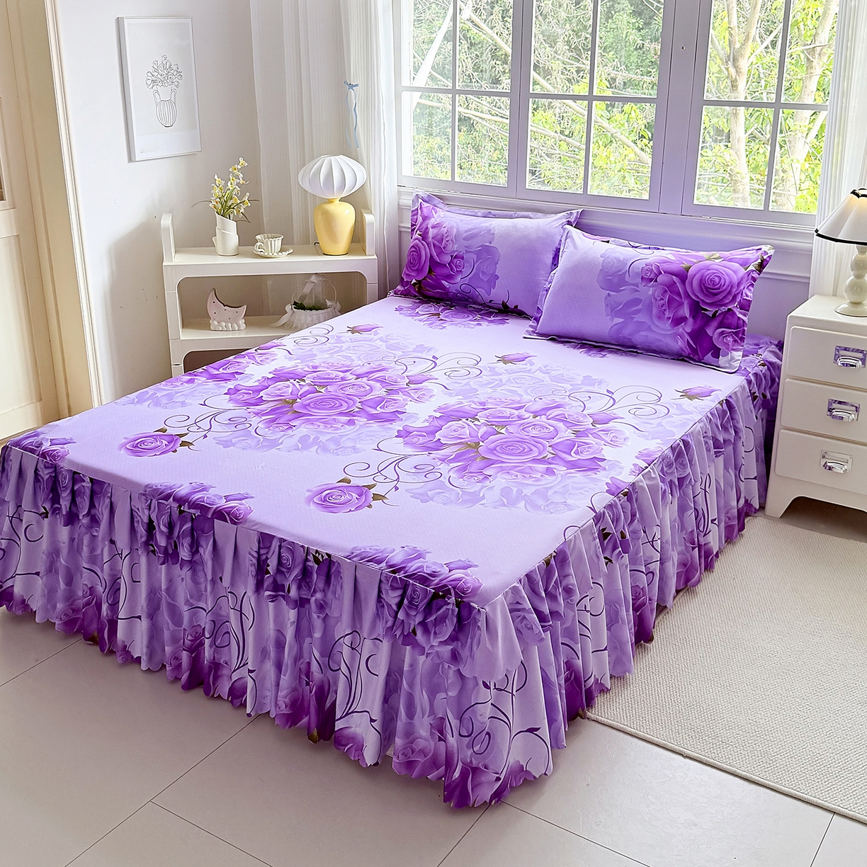 91家纺网 家纺一手货源 找家纺 亿佳人 2026新款芦荟棉单床裙床裙单件芦荟棉床裙三件套 紫气东来