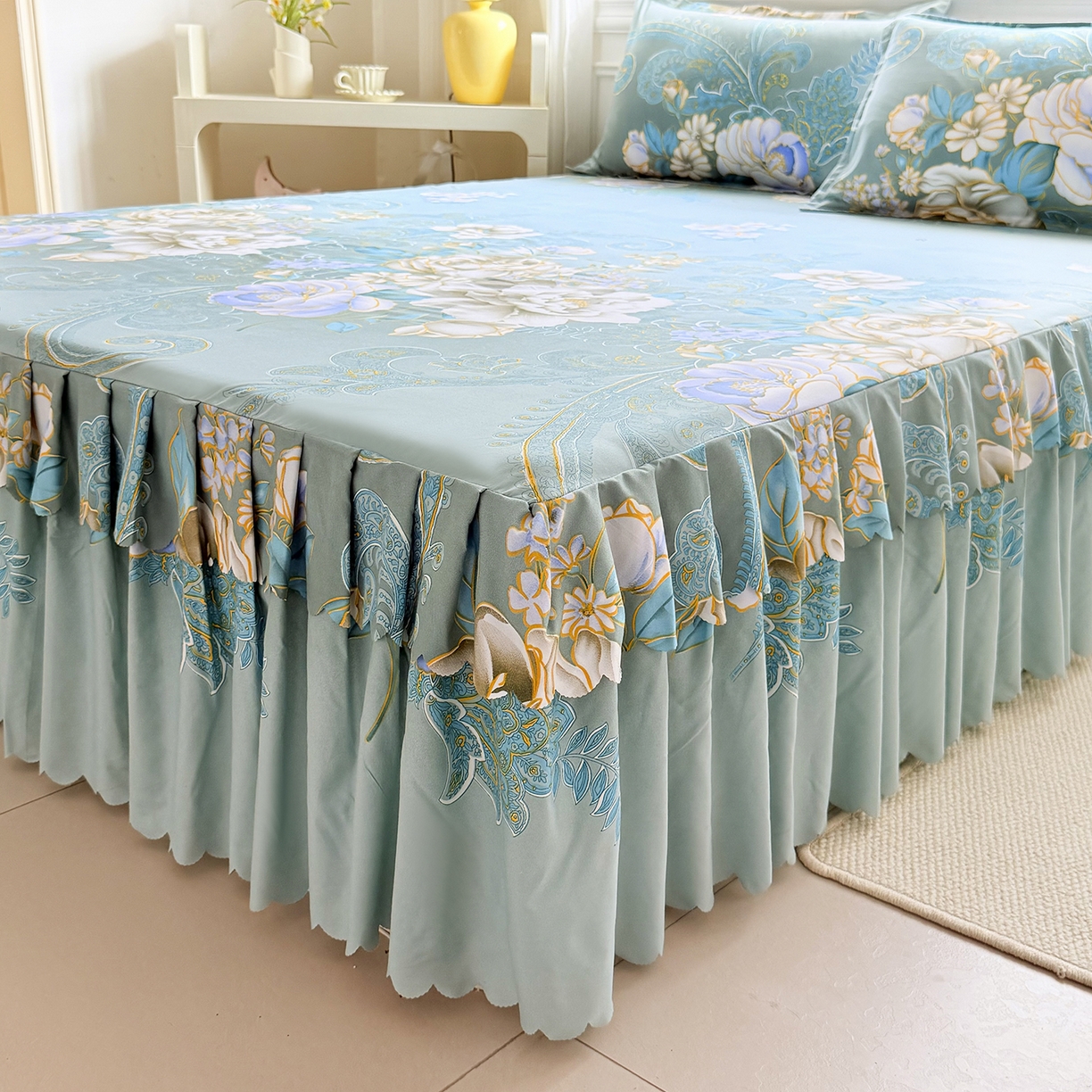 91家纺网 家纺一手货源 找家纺 亿佳人 2026新款芦荟棉化纤四件套单床裙单枕套-床裙款四件套 香飘四溢