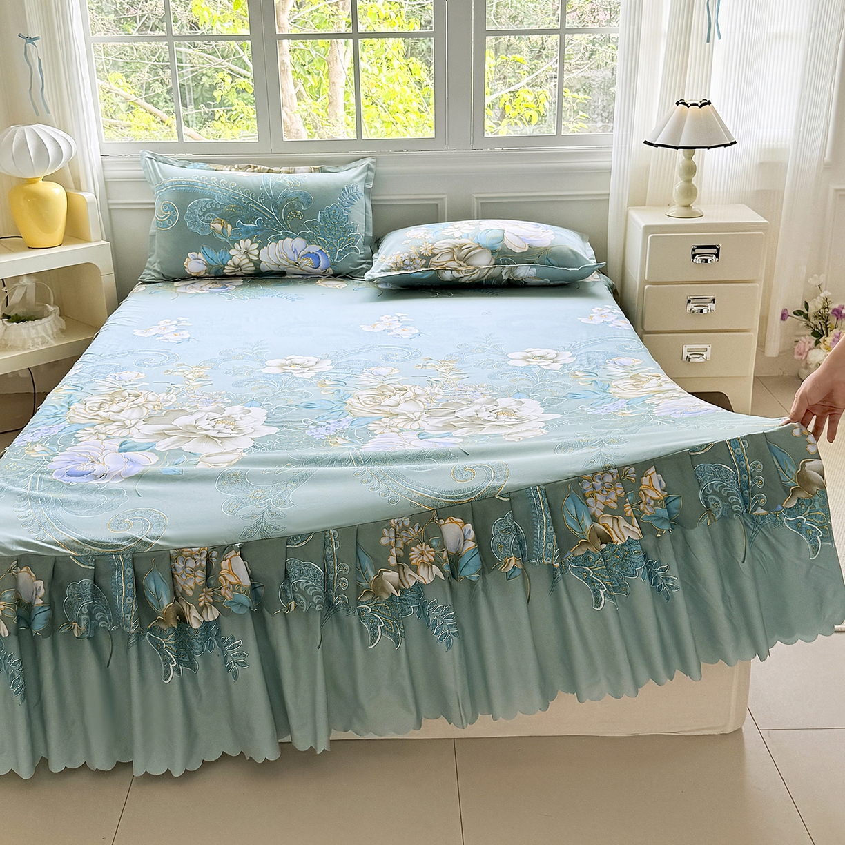 91家纺网 家纺一手货源 找家纺 亿佳人 2026新款芦荟棉化纤四件套单床裙单枕套-床裙款四件套 香飘四溢