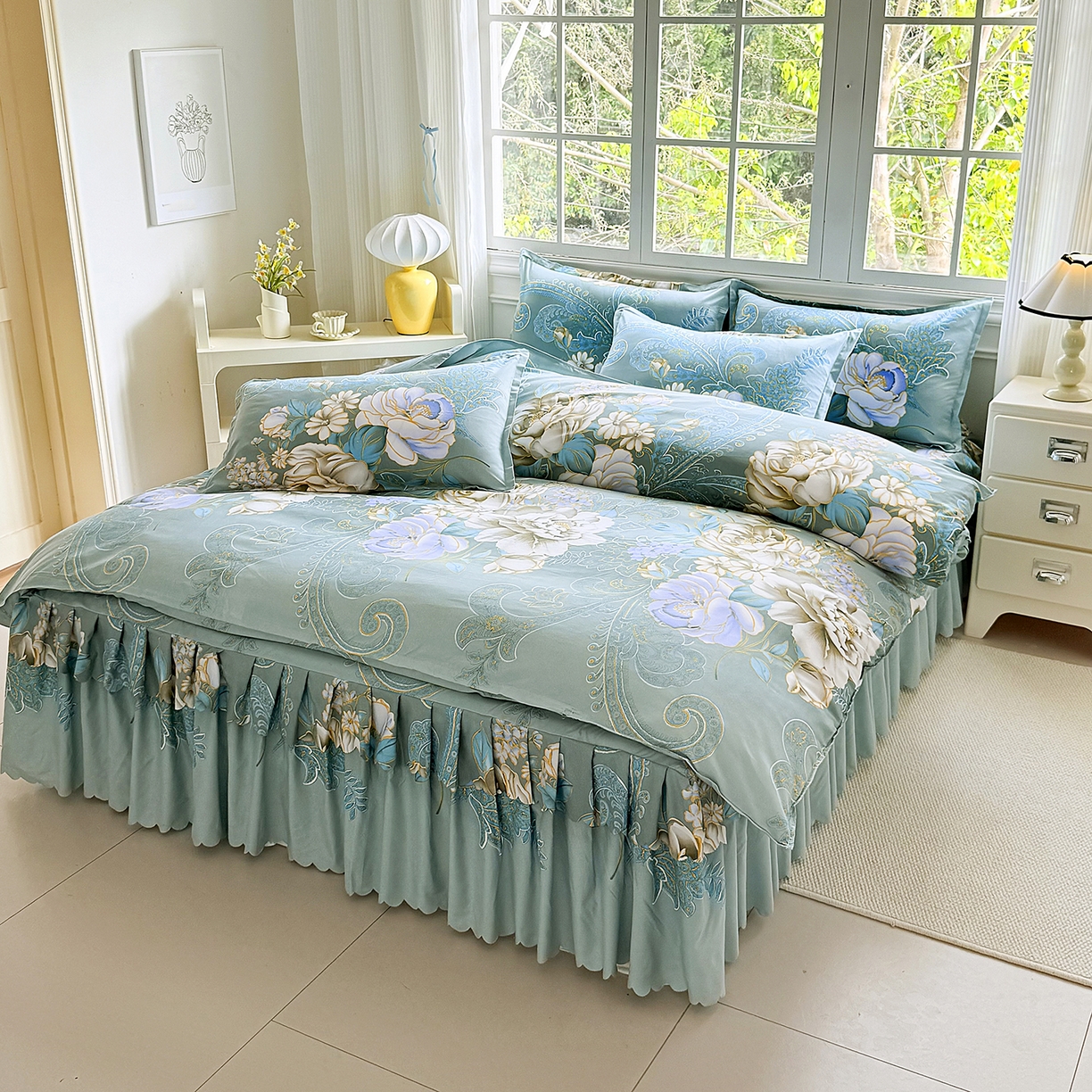 91家纺网 家纺一手货源 找家纺 亿佳人 2026新款芦荟棉化纤四件套单床裙单枕套-床裙款四件套 香飘四溢