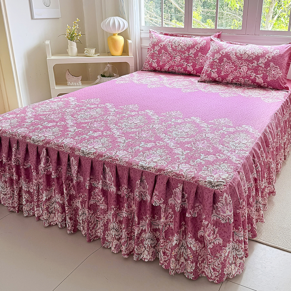 91家纺网 家纺一手货源 找家纺 （总）亿佳人 2026新款芦荟棉化纤四件套单床裙单枕套-床裙款四件套