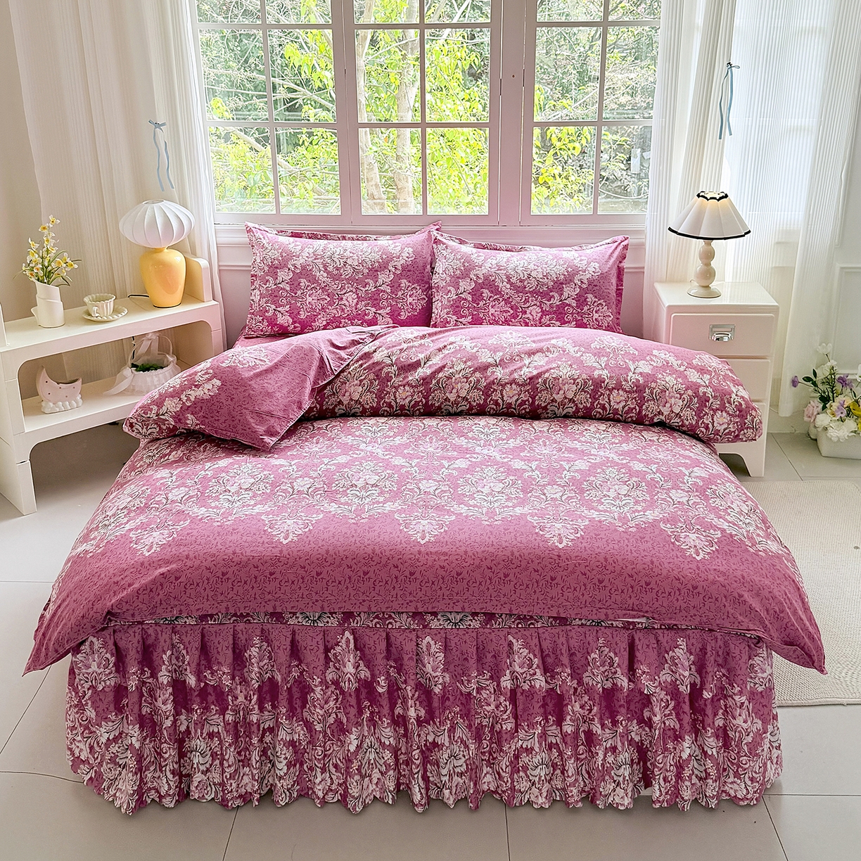 亿佳人 2026新款芦荟棉化纤四件套单床裙单枕套-床裙款四件套 鸿运