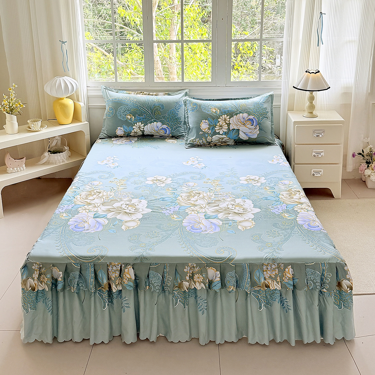 91家纺网 家纺一手货源 找家纺 亿佳人 2026新款芦荟棉化纤四件套单床裙单枕套-床裙款四件套 香飘四溢